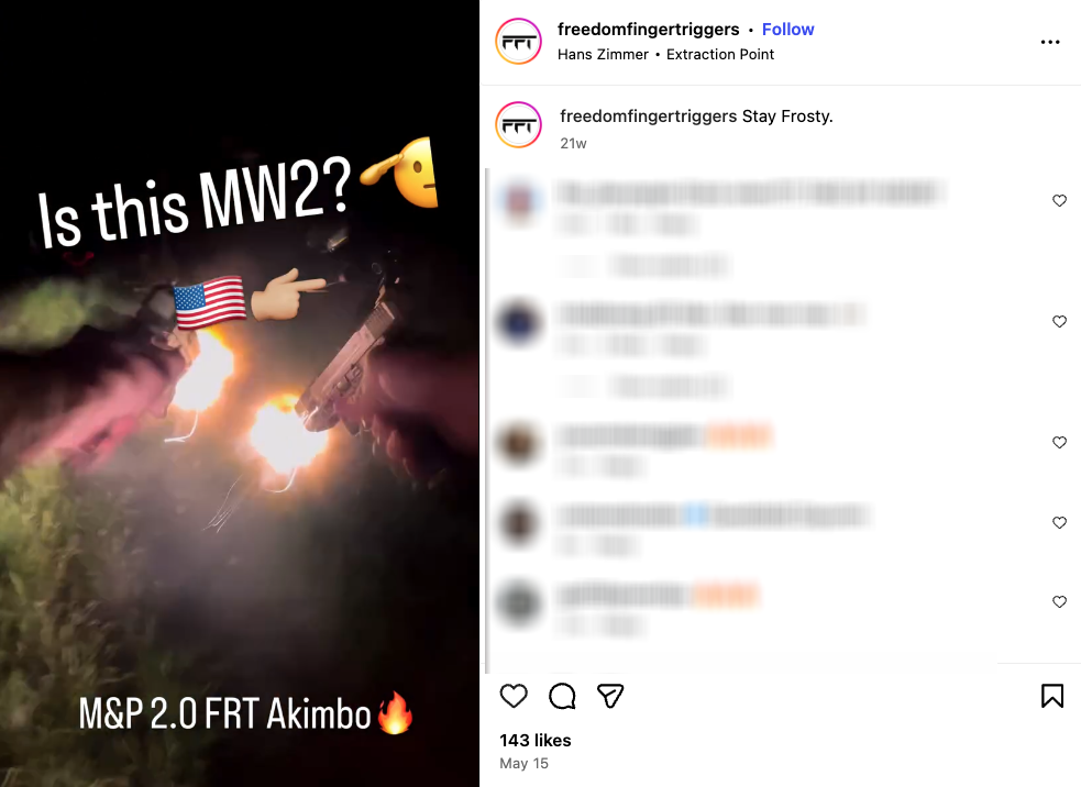 An Instagram video references Call of Duty: Modern Warfare 2 while showing a first-person point of view of a person firing two FRT-equipped M&P pistols.