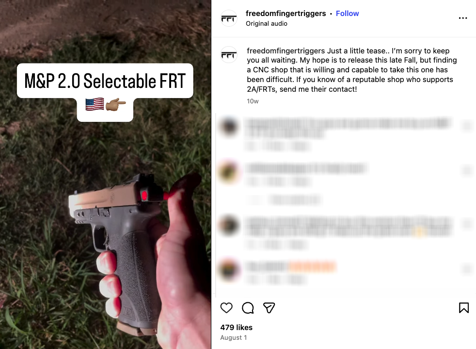 An Instagram post showing an M&P FRT prototype with a red selector switch like a Glock switch.