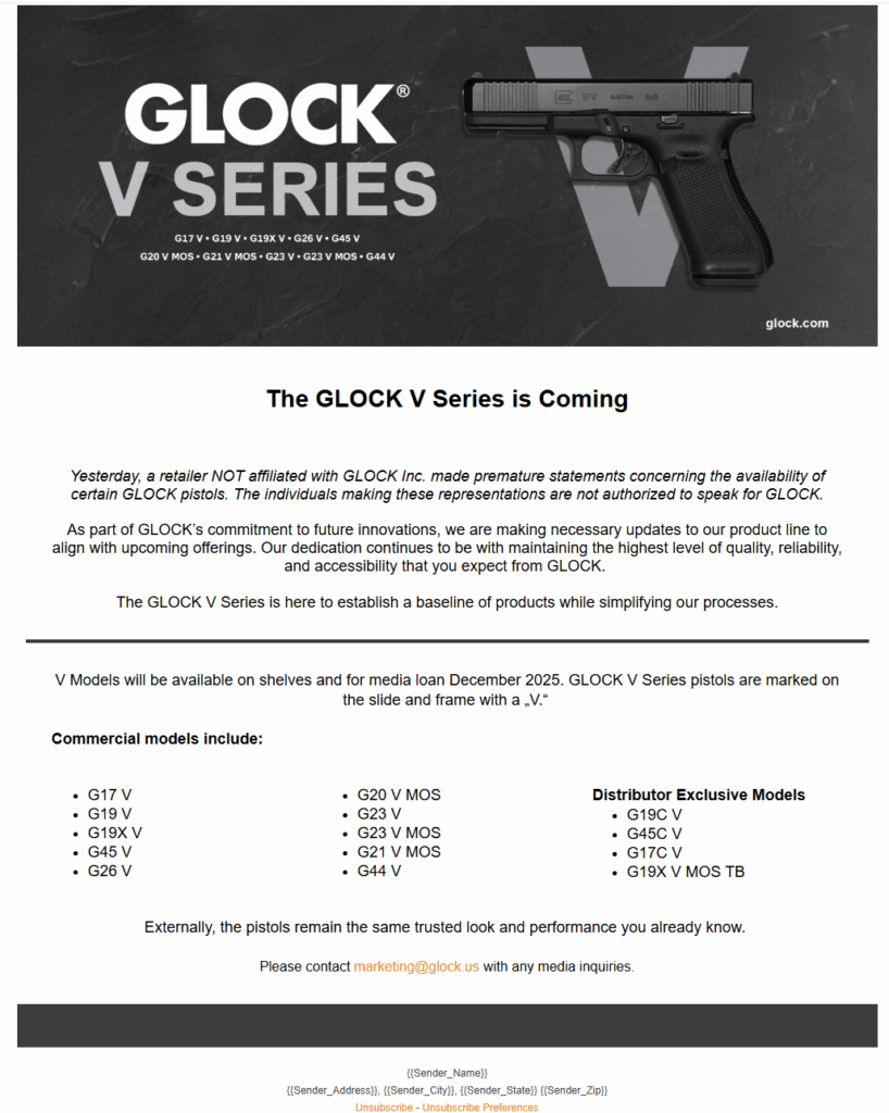 A letter from Glock describing the new "V Series" pistols soon to debut.