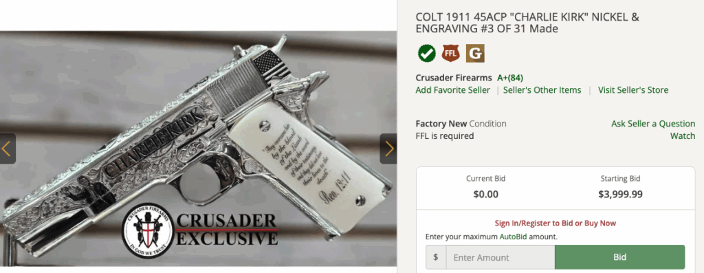 A custom “Charlie Kirk” 1911 available on GunBroker.com.