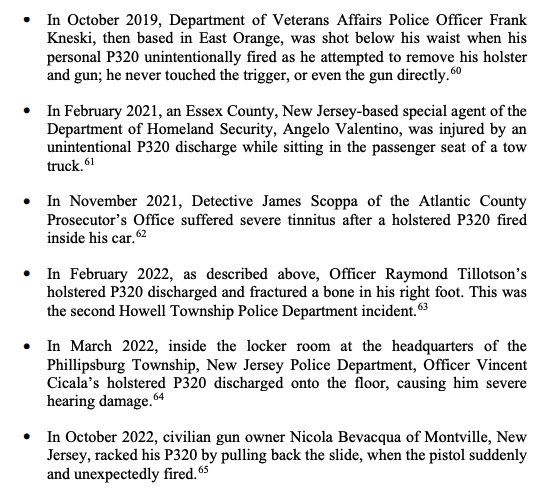A screenshot from New Jersey’s complaint against Sig Sauer describing incidents in which P320s fired without intentional trigger pulls.