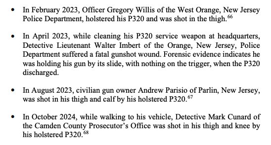 A screenshot from New Jersey’s complaint against Sig Sauer describing incidents in which P320s fired without intentional trigger pulls.