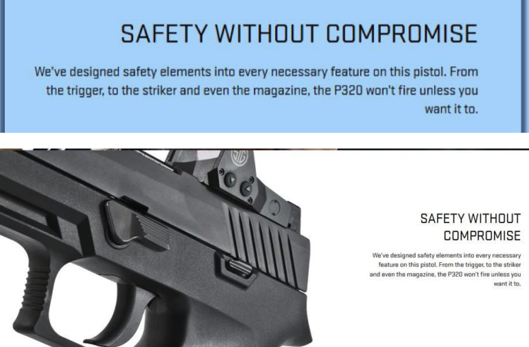 Screenshots in the complaint show Sig Sauer’s “Safety Without Compromise” marketing.