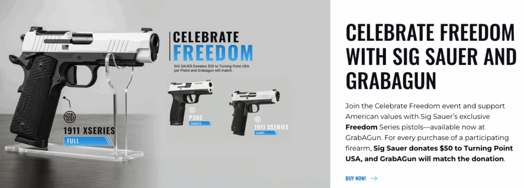 A banner on the GrabAGun website promotes Sig Sauer’s “Freedom Series” pistols.