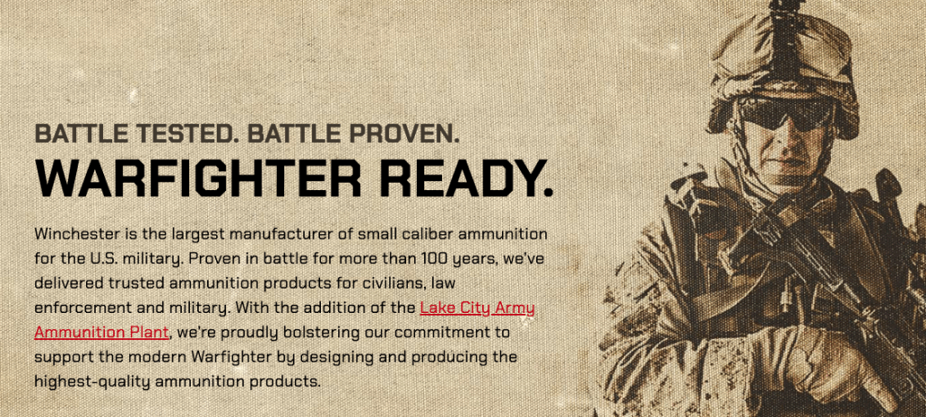 A banner on the Winchester website showcases its Lake City Army Ammunition Plant contract.