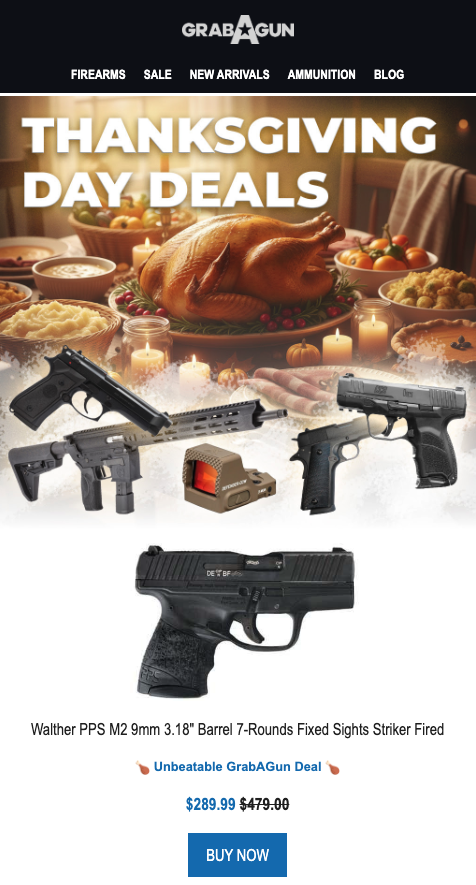 A GrabAGun email blast juxtaposing pistols and an AR-style rifle with a Thanksgiving meal.