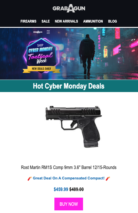 A Cyber Monday email blast from GrabAGun referencing the Cyberpunk 2077 video game.