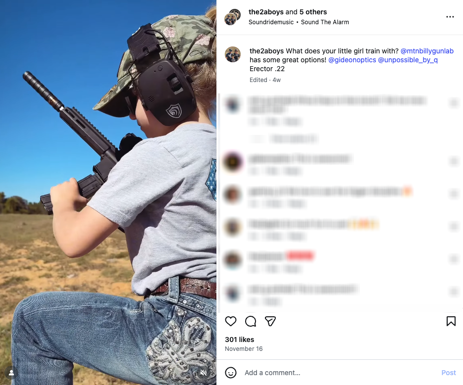 An Instagram video shows a young girl loading and firing a short-barreled GOAT-15 equipped with a silencer and arm brace. The caption asks, “What does your little girl train with?”