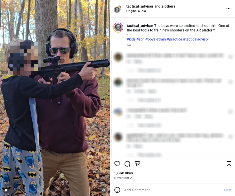 An Instagram video shows a father helping his two sons fire a GOAT-15 with a silencer. The caption states, “The boys were so excited to shoot this. One of the best tools to train new shooters on the AR platform.”