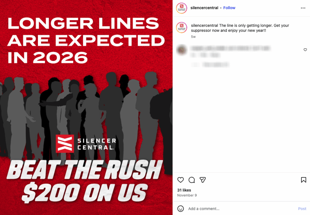An Instagram post from Silencer Central suggesting that the “line” of silencer customers “is only getting longer.”