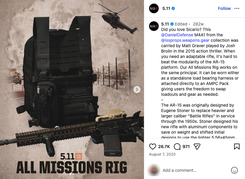 An Instagram post from 5.11 Tactical advertising the body armor and AR-15 used by a character in Sicario.