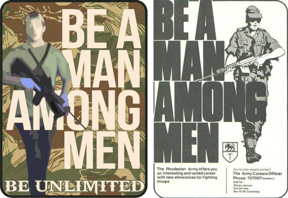 After Kyle Rittenhouse’s acquittal, firearm retailer Big Daddy Unlimited shared an image on Instagram (left) stylized after a Rhodesian army recruiting poster (right).