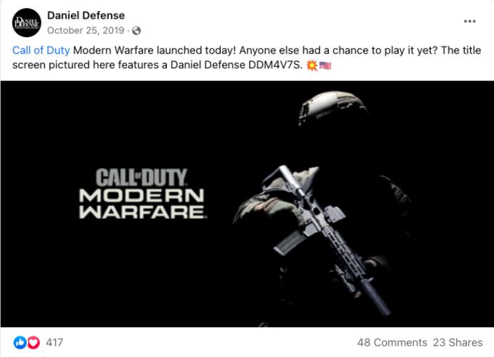 A Facebook post from Daniel Defense referencing Call of Duty: Modern Warfare.
