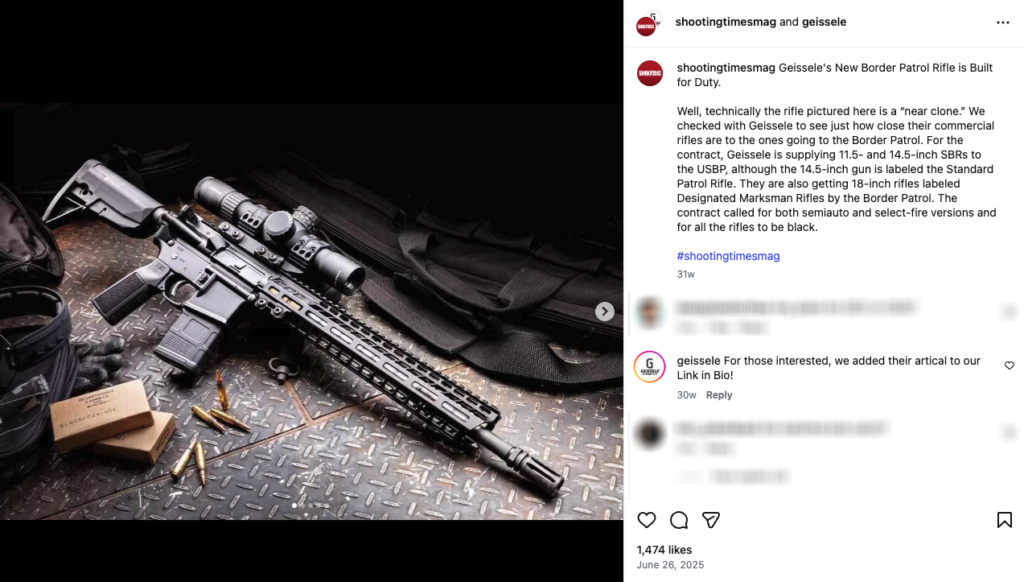 An Instagram post shared by Geissele Automatics shows one of the company's Border Patrol rifles.