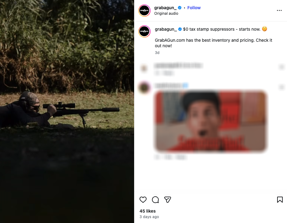 An Instagram video from GrabAGun announcing tax-free silencer sales.
