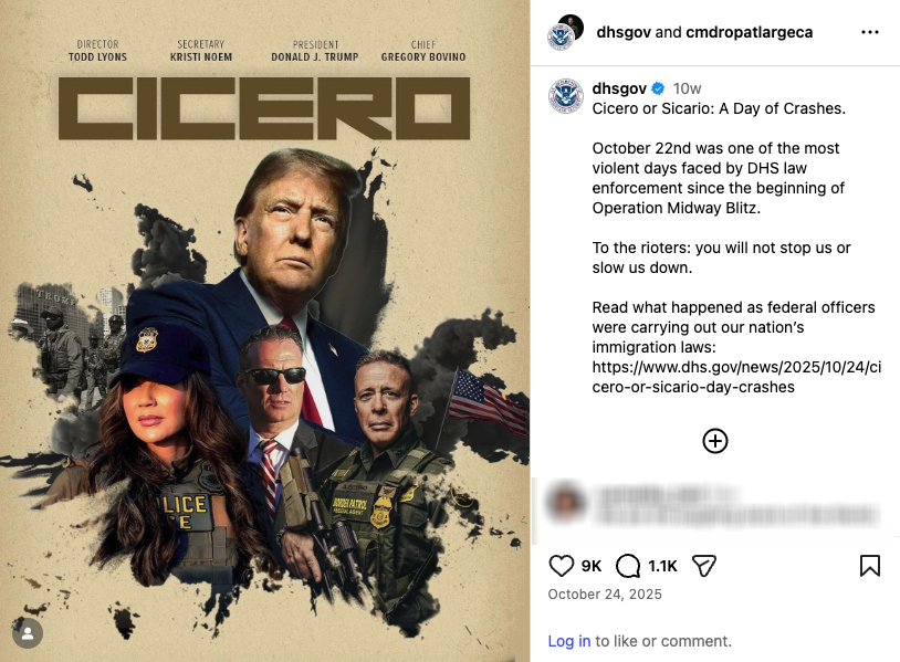 An Instagram post from DHS using the film Sicario to highlight immigration operations in Cicero, Illinois.