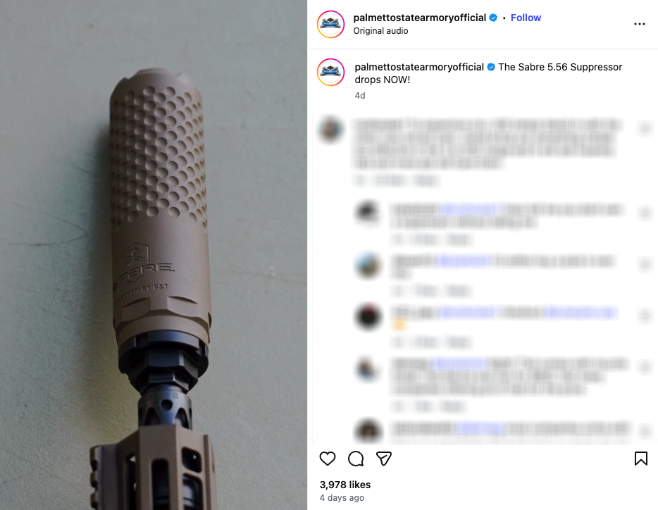An Instagram post from Palmetto State Armory advertising the company’s first silencer.