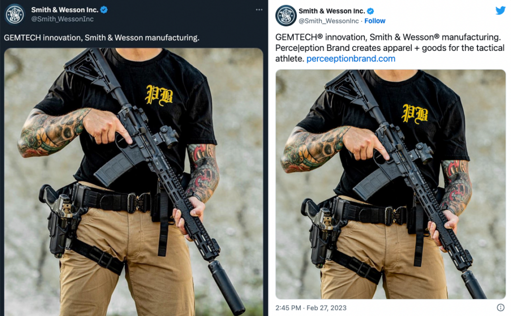 After posting the image on the left on Twitter, Smith & Wesson later clarified that the “PB” on the man’s shirt, in the same color and styling of the Proud Boys, stood for Perceeption Brands.