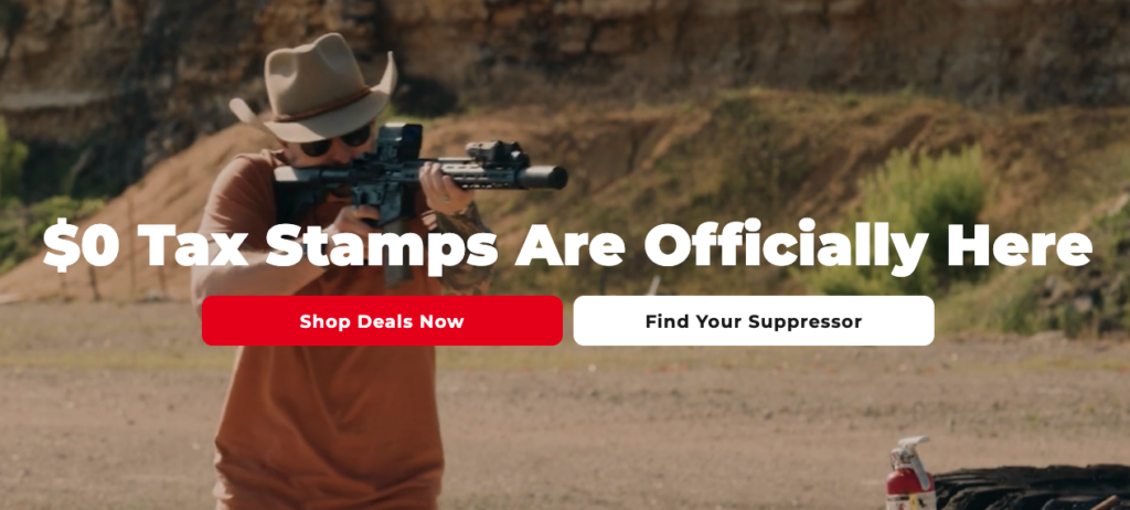 A video on the Silencer Shop homepage shows a man firing a suppressed AR-15 to advertise “$0 Tax Stamps.”