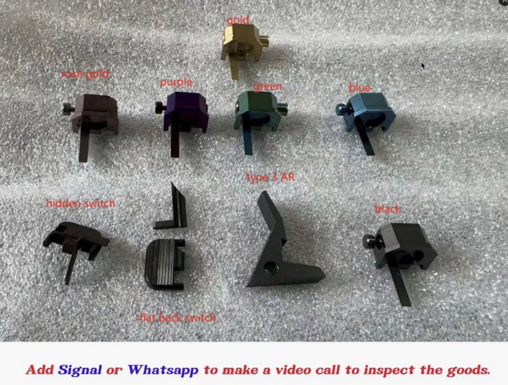 Court documents include screenshots of the items allegedly for sale on the seized websites. This one shows eight different Glock switches and one AR-15 auto sear.