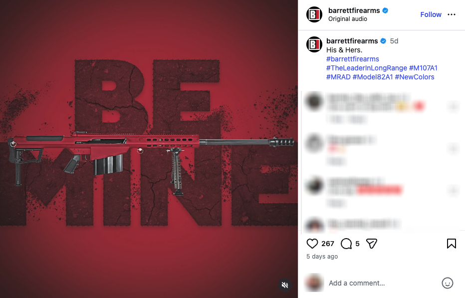 Barrett Firearms' Valentine's Day post for 2026 included images of .50-caliber sniper rifles.