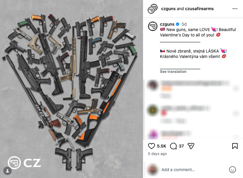 CZ's Instagram post for Valentine's Day 2026 featured several firearms, including assault weapons, arranged in a heart shape.