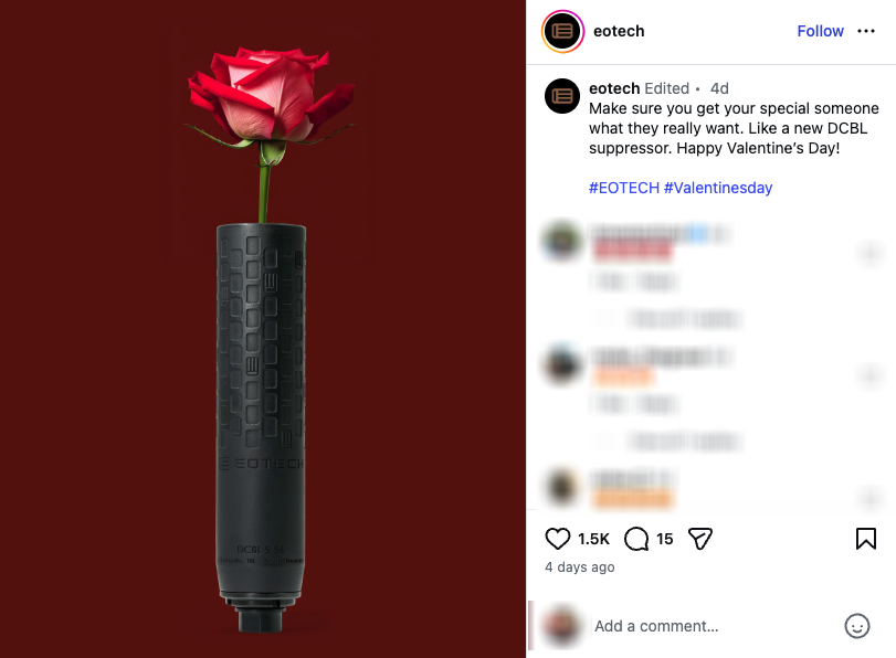 EOTech, new to silencer manufacturing, posted a Valentine's Day image of a rose inside a silencer.