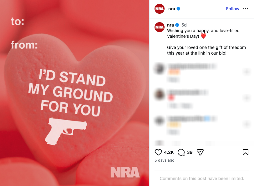 The NRA used Valentine's Day 2026 to remind everyone of "shoot first" laws enacted around the country.