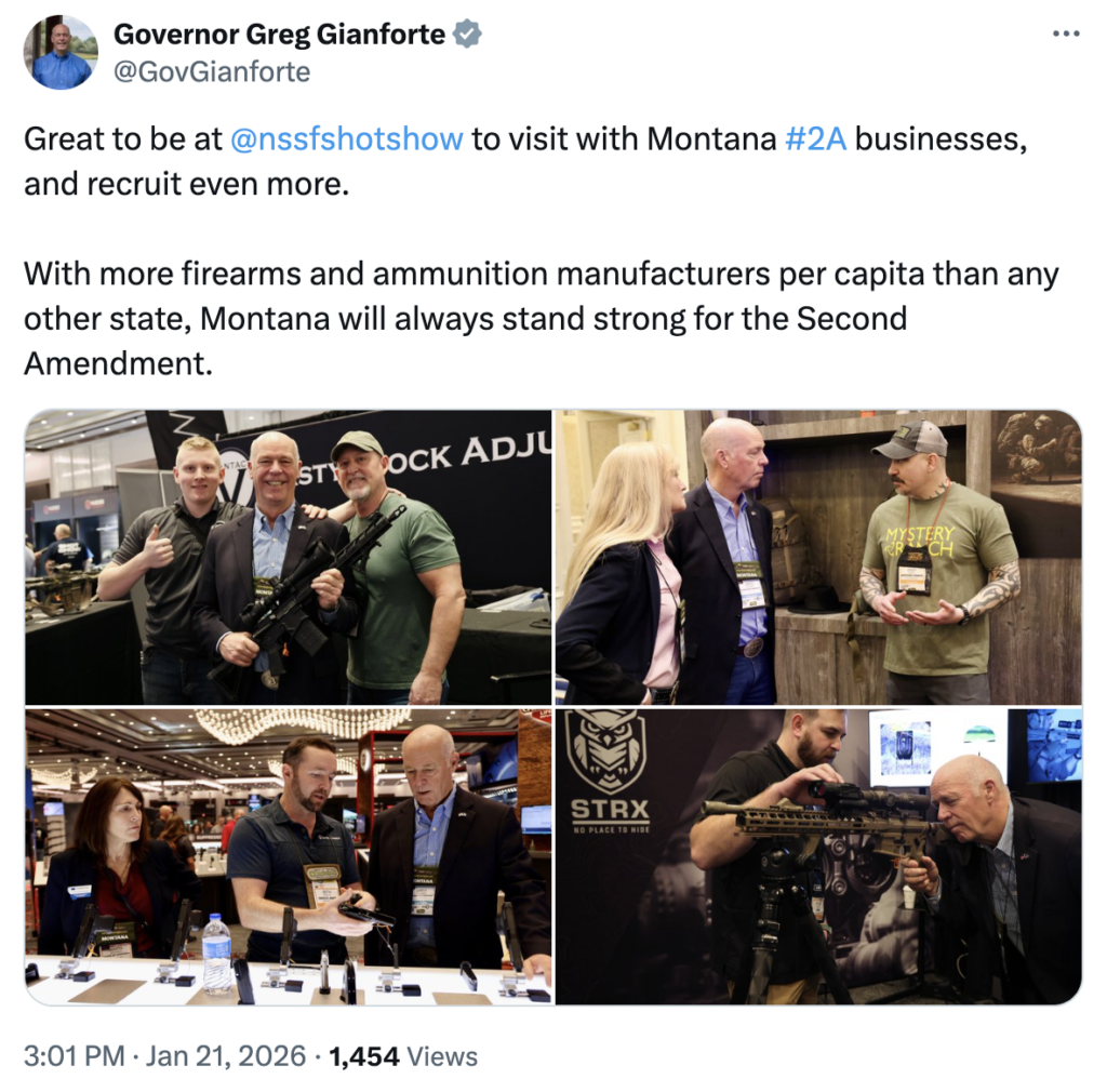A tweet from Governor Gianforte during the 2026 SHOT Show.