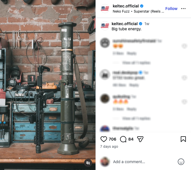 An Instagram post from KelTec of the MP50 posed next to an AT4 anti-tank weapon.