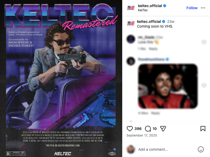 An Instagram post from KelTec showcasing the P50 as if it were in an 1980s action movie.