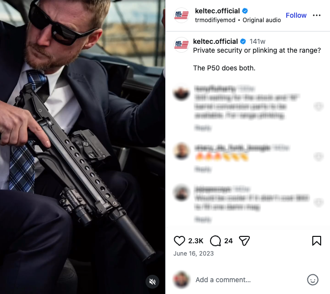 An Instagram video shows a man cosplaying as a private security contractor with a suppressed P50.