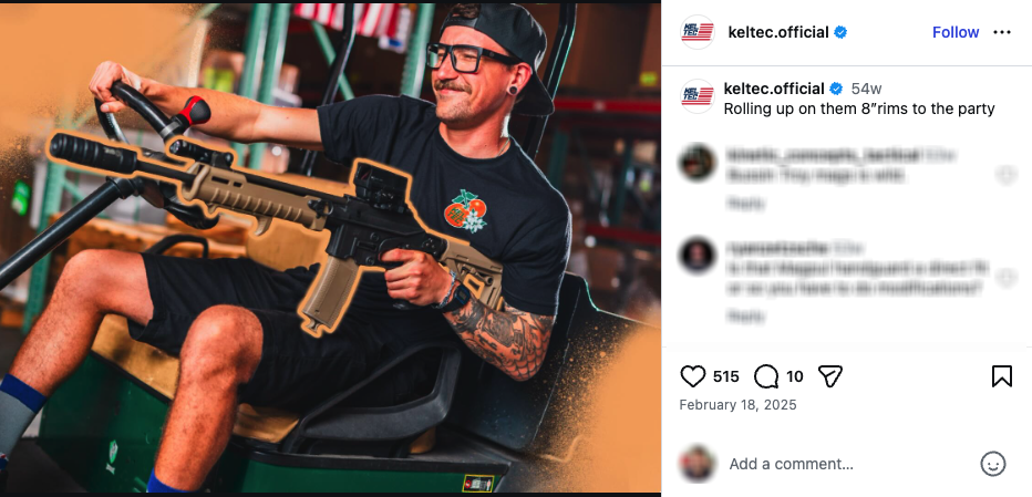 An Instagram post showing a man riding a golf cart with a KelTec SU16 rifle.