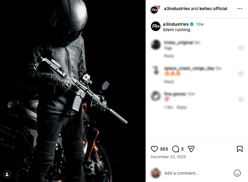 An Instagram post showing a biker holding a suppressed KelTec SU16 rifle.