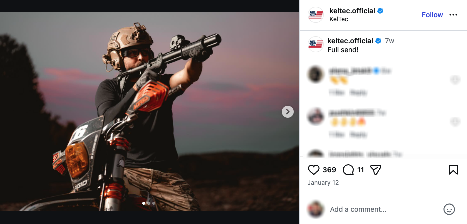 An Instagram post showing a man aiming a suppressed SUB2000 from a dirt bike.