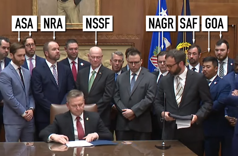 A screenshot from the ATF and DOJ press conference identifies some of the gun groups in attendance.