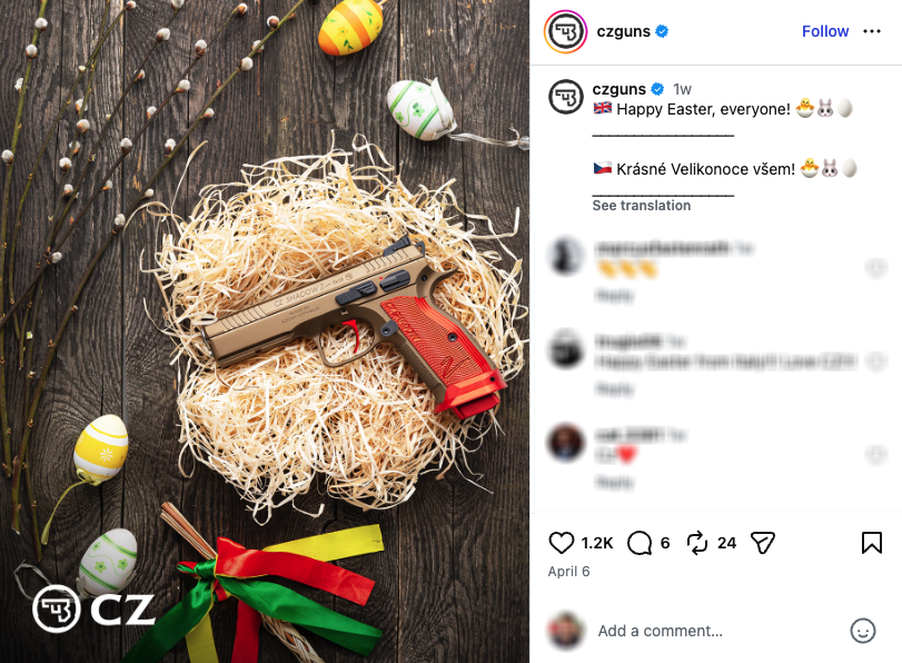 An Instagram post from CZ showing a pistol with Easter items.