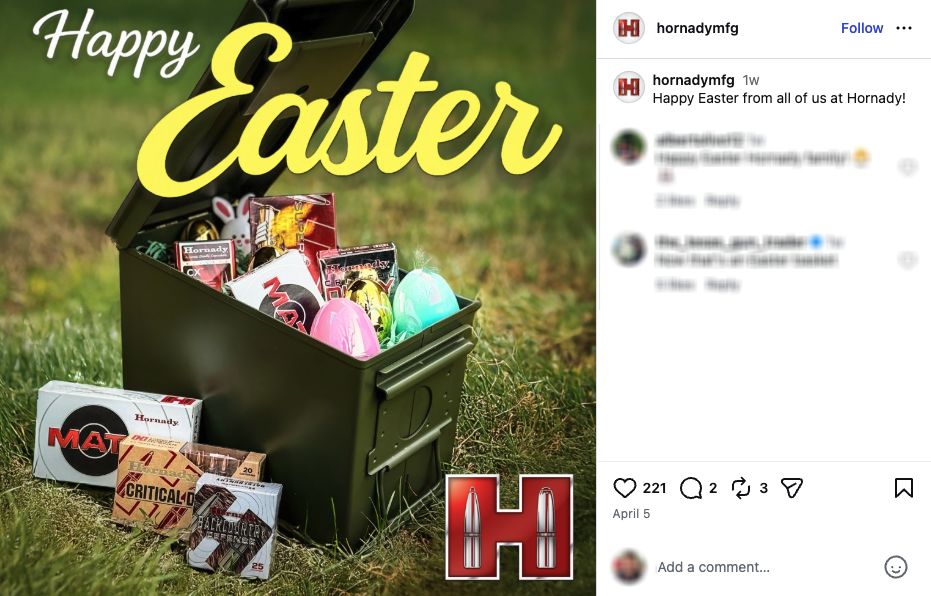 An Instagram post from Hornady showing an ammunition can styled after an Easter basket.