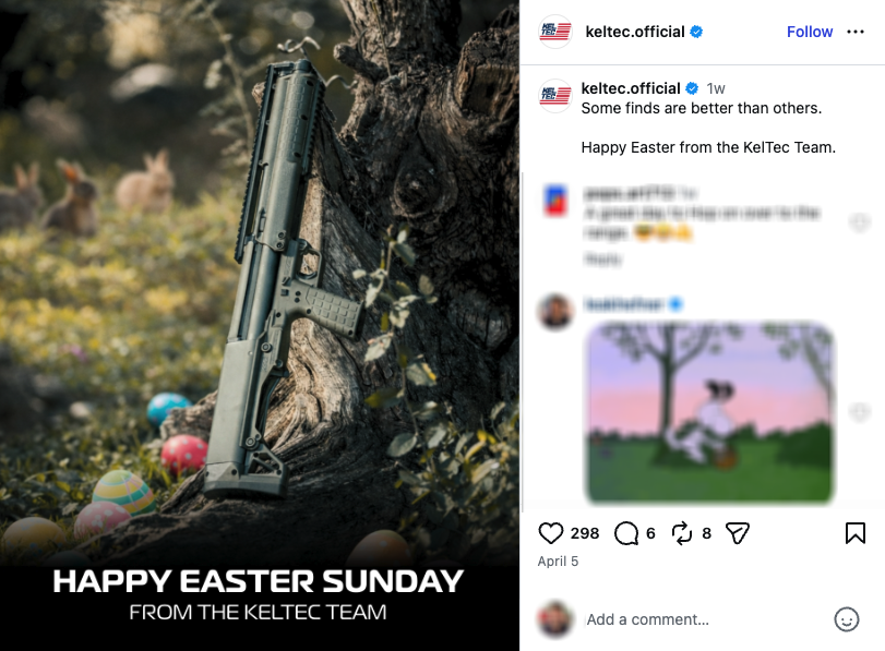 An Instagram post from KelTec showing a KSG shotgun surrounded by Easter eggs.