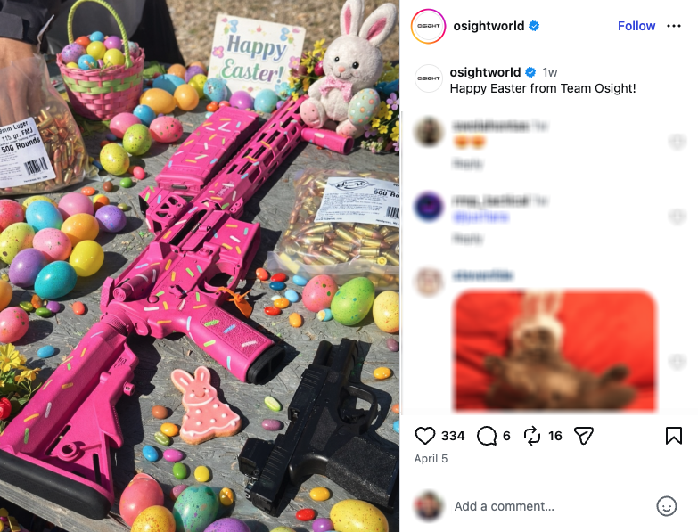 An Instagram post from Osight showing an AR-15 painted like a donut and surrounded by Easter items.
