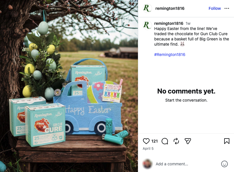 An Easter Instagram post from Remington showing a basket full of shotgun ammunition.