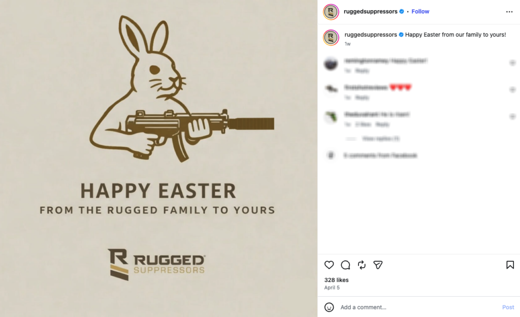 An Easter Instagram post from Rugged Suppressors showing the Easter bunny armed with a suppressed MP5.