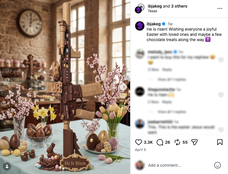 An Easter Instagram post shared by Sons of Liberty Gun Works, an AR-15 manufacturer, depicting a chocolate AR-15.