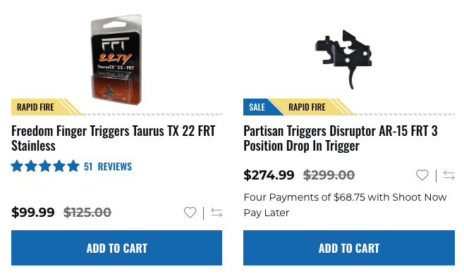 A screenshot from the GrabAGun site showing FRTs for Taurux TX22 pistols (left) and AR-15s (right).