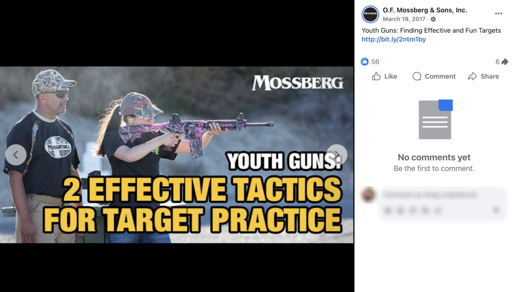 A Facebook post from Mossberg showing a young woman firing a 715T with a pink Muddy Girl camo finish.