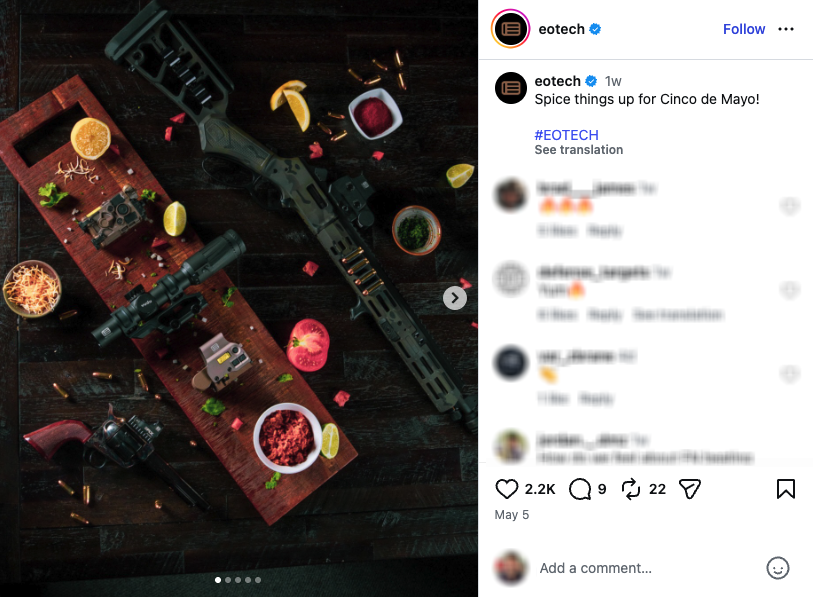 An Instagram post from EOTech showing guns with taco ingredients.