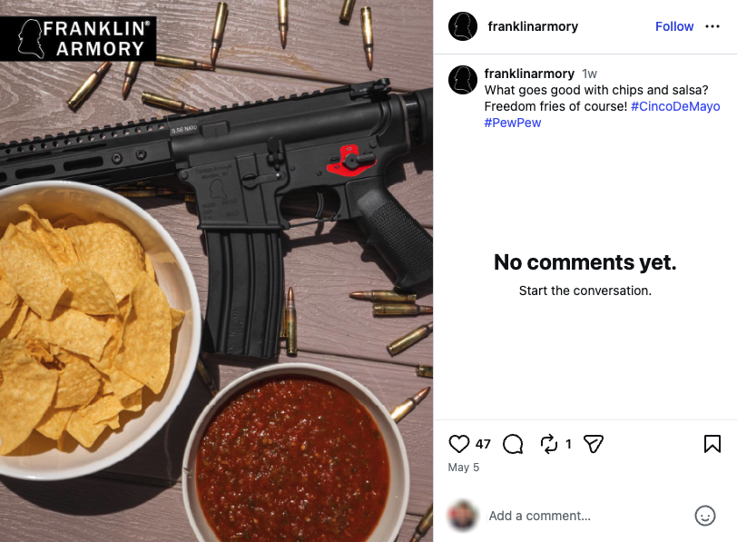 a Cinco de Mayo Instagram post from Franklin Armory showing an AR-15 with a binary trigger.
