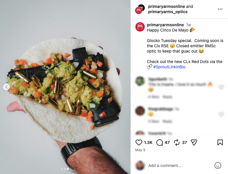 A Cinco de Mayo Instagram post from Primary Arms showing a Glock as part of a taco.