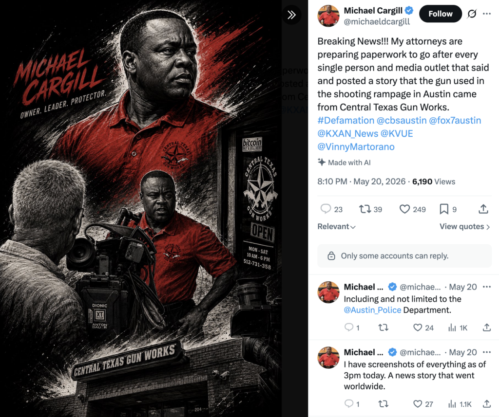 A tweet from Michael Cargill, the owner of Central Texas Gun Works, refuting reports indicating that a gun stolen from his store was used in several shootings across Austin, Texas.
