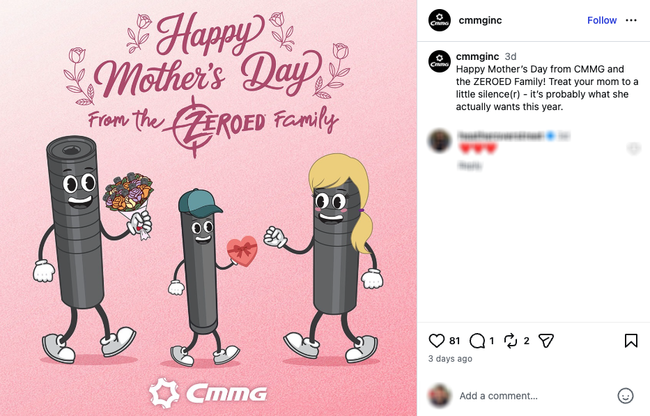 A Mother's Day Instagram post from CMMG, which recently started selling silencers.